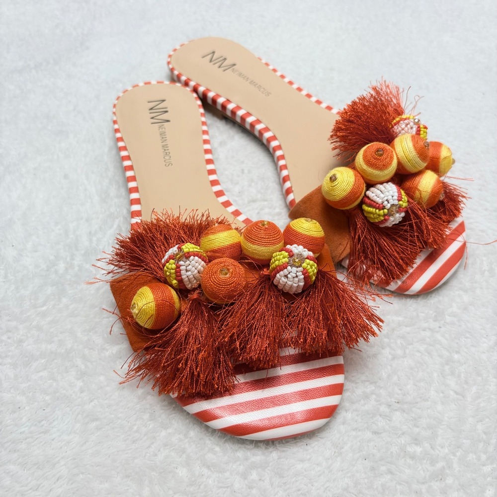 Neiman Marcus Sizzle Orange Striped Beaded Tassel Flat Slide Sandals 9M